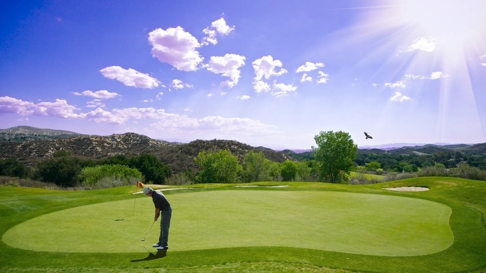 A putting green with the flagstick in the hole